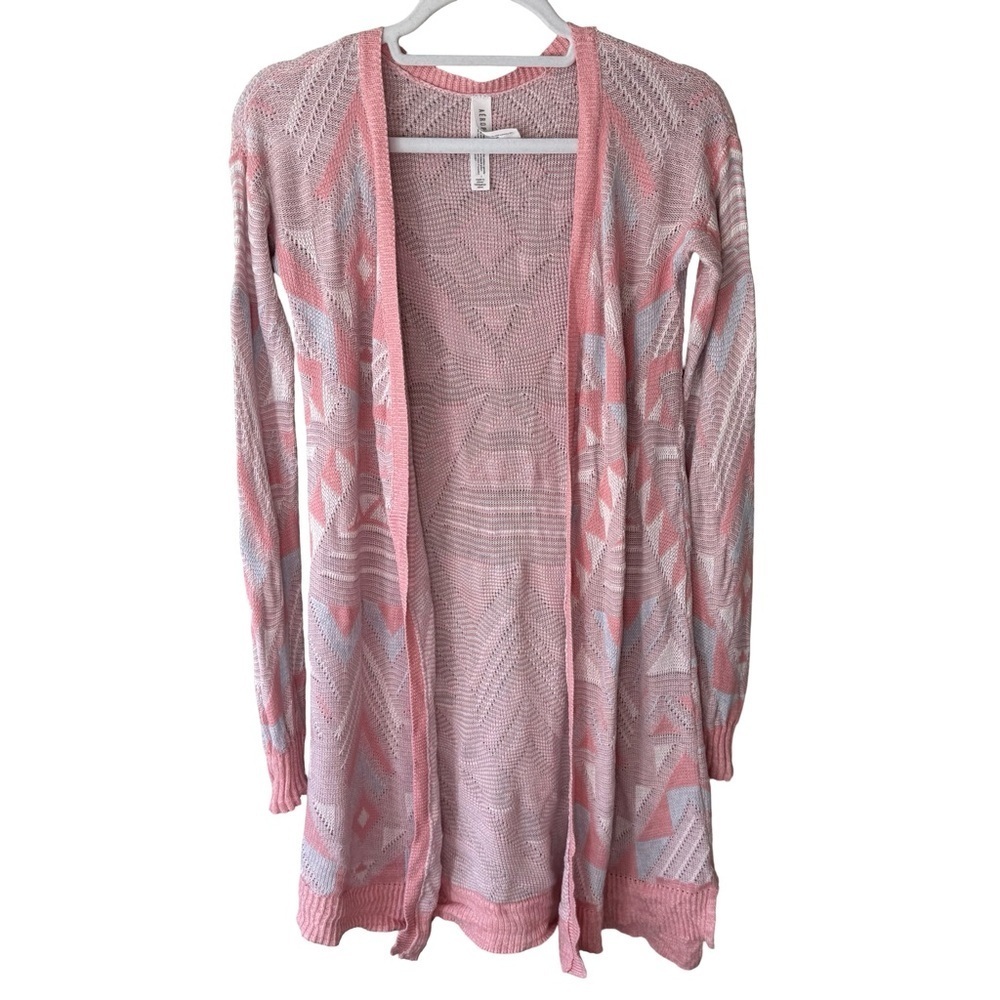 Aeropostale Pink and White Knit Open Cardigan Sweater Size S Boho Geometric